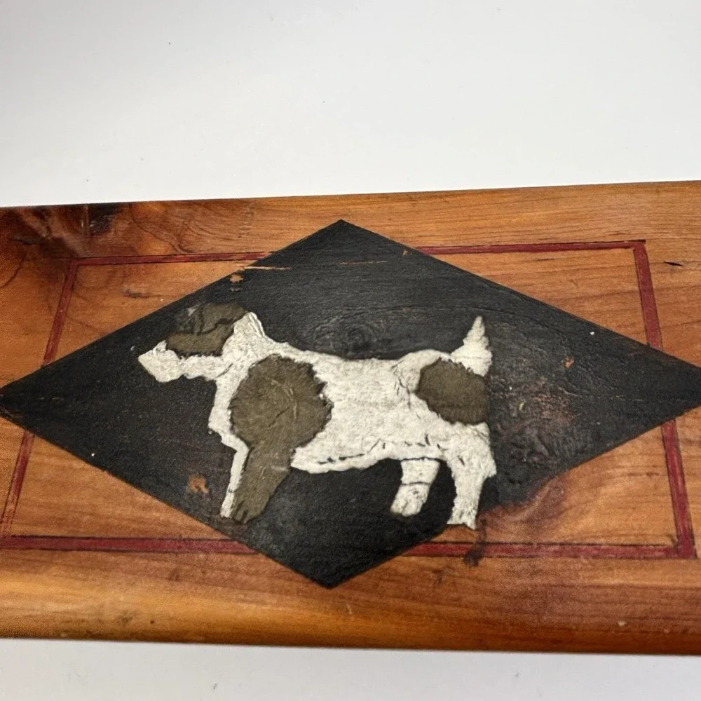 Vtg Wooden Jewelry / Trinket Box Dove Tail Joints Mirrored Dog Terrier HandPaint